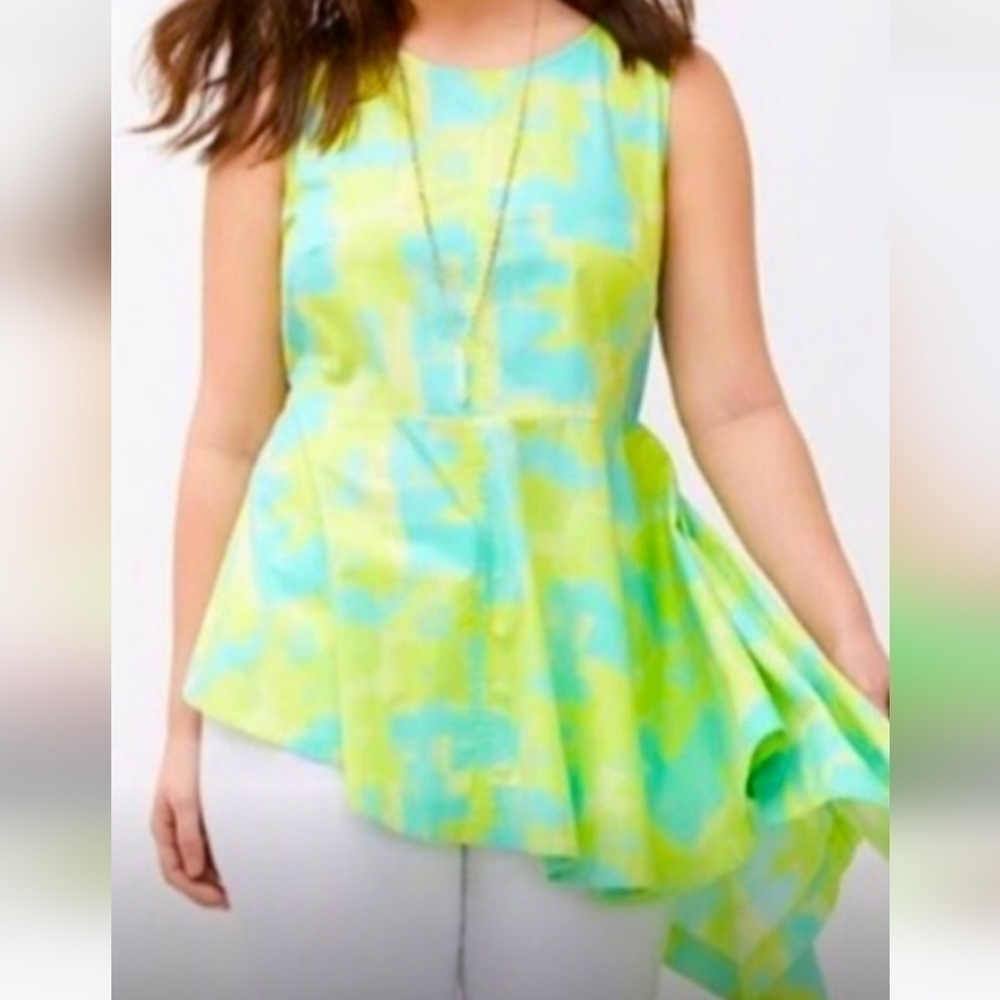 Lane Bryant, Lime Green & Blue Print Peplum Sleeveless Cotton Top SZ 20
